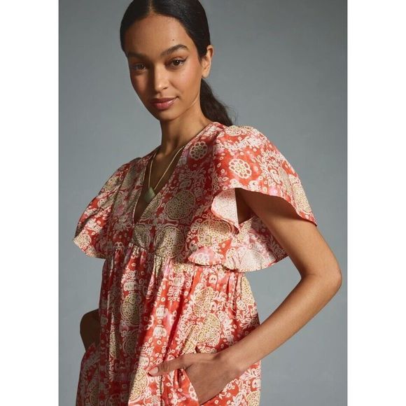 New Anthropologie  Maeve Printed Flutter-Sleeve Babydoll Dress size Small - Picture 3 of 10